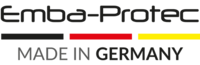 Logo von Emba-Protec mit dem Schriftzug ‚MADE IN GERMANY‘ und einem Balken in den Farben der deutschen Flagge: Schwarz, Rot und Gelb.